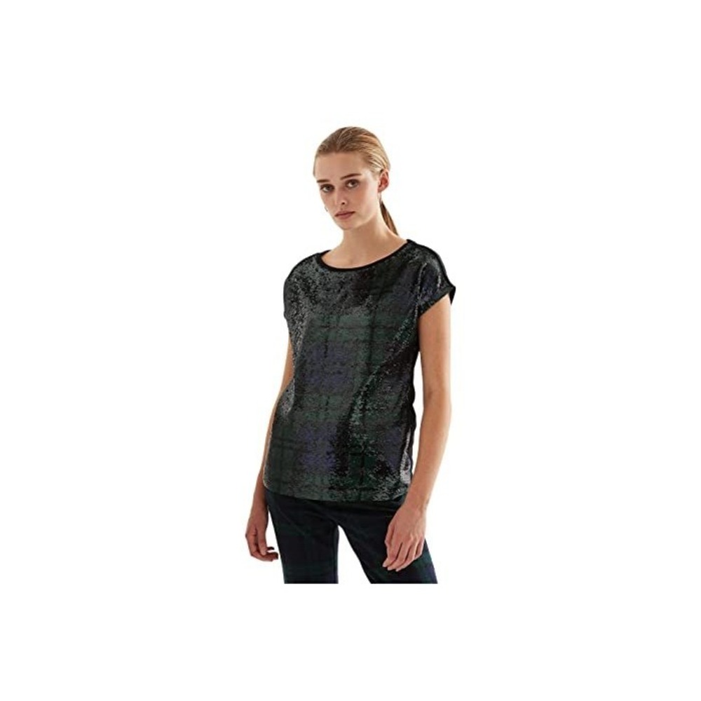 521. Ralph Lauren Sequined Plaid Cotton-Blend Tee. Crew Neck, Black/Green. SM